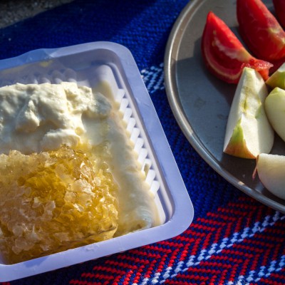leckeres Frühstück (Honigwabe, Jogurt, Äpfel und Tomaten)