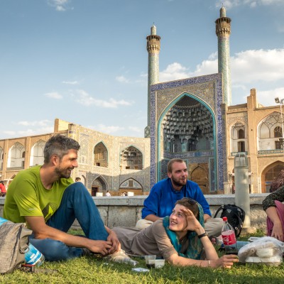 Unser Picknick mit anderen Reisenden auf dem Imam-Platz